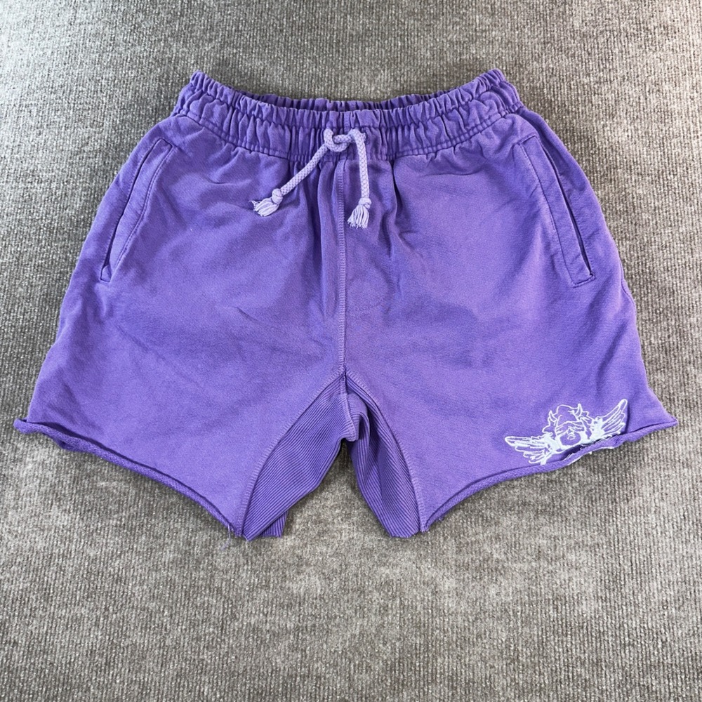 Boys Lie Purple Sweat Shorts Embroidered Angel Logo Raw Hem Medium